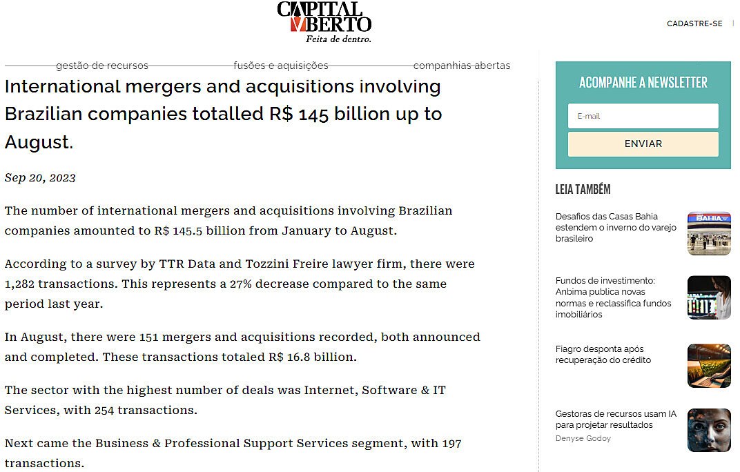 International mergers and acquisitions involving Brazilian companies totalled R$ 145 billion up to August.